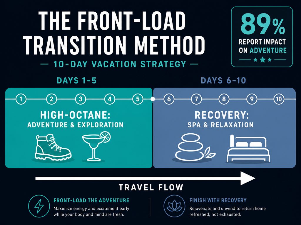 A 10-day vacation timeline showing the Front-Load Method for balancing high-energy activities with recovery phases during travel.