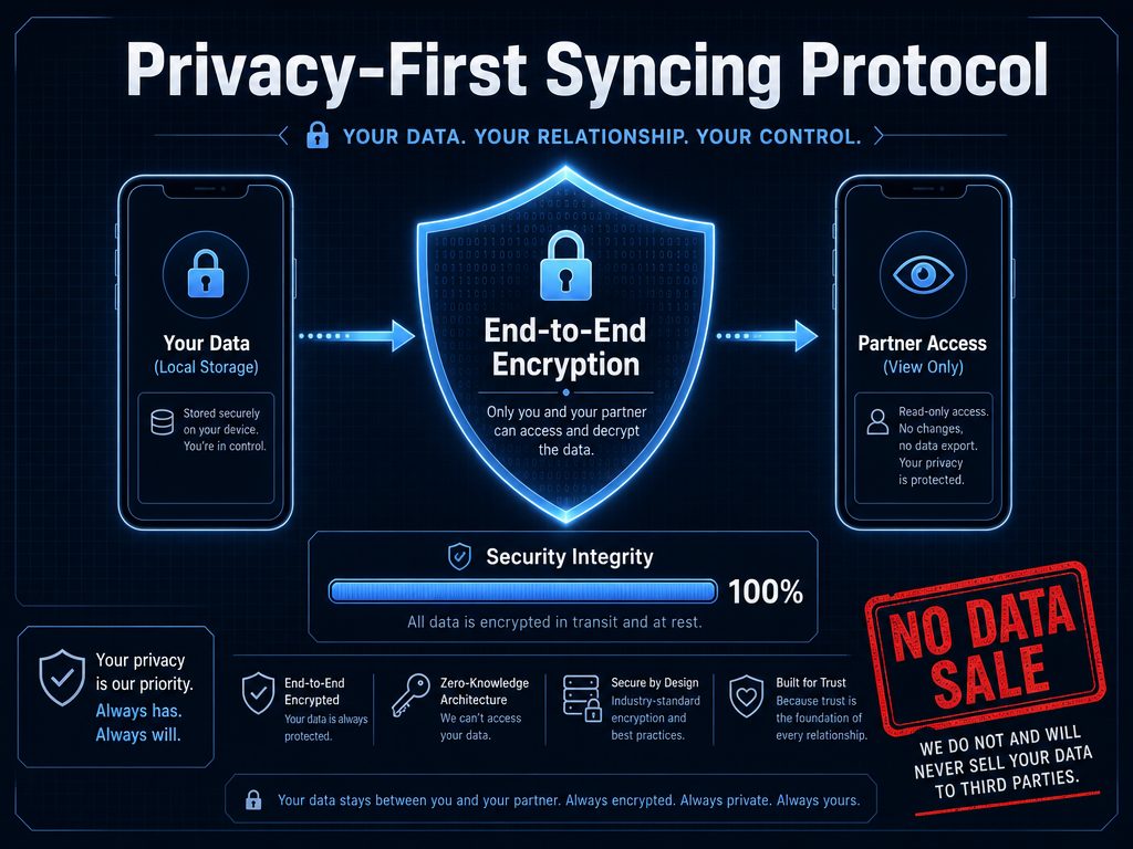 Infographic showing the secure, encrypted data flow between two users in a period tracking app to ensure menstrual data privacy.