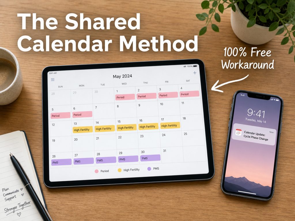 A shared digital calendar setup on a tablet and phone used as a free workaround for tracking menstrual cycles with a partner.