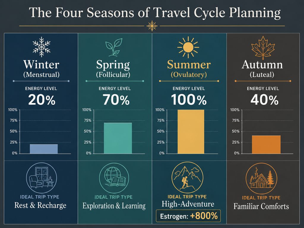 Infographic showing the four phases of the menstrual cycle mapped to vacation types including Winter, Spring, Summer, and Autumn energy levels.