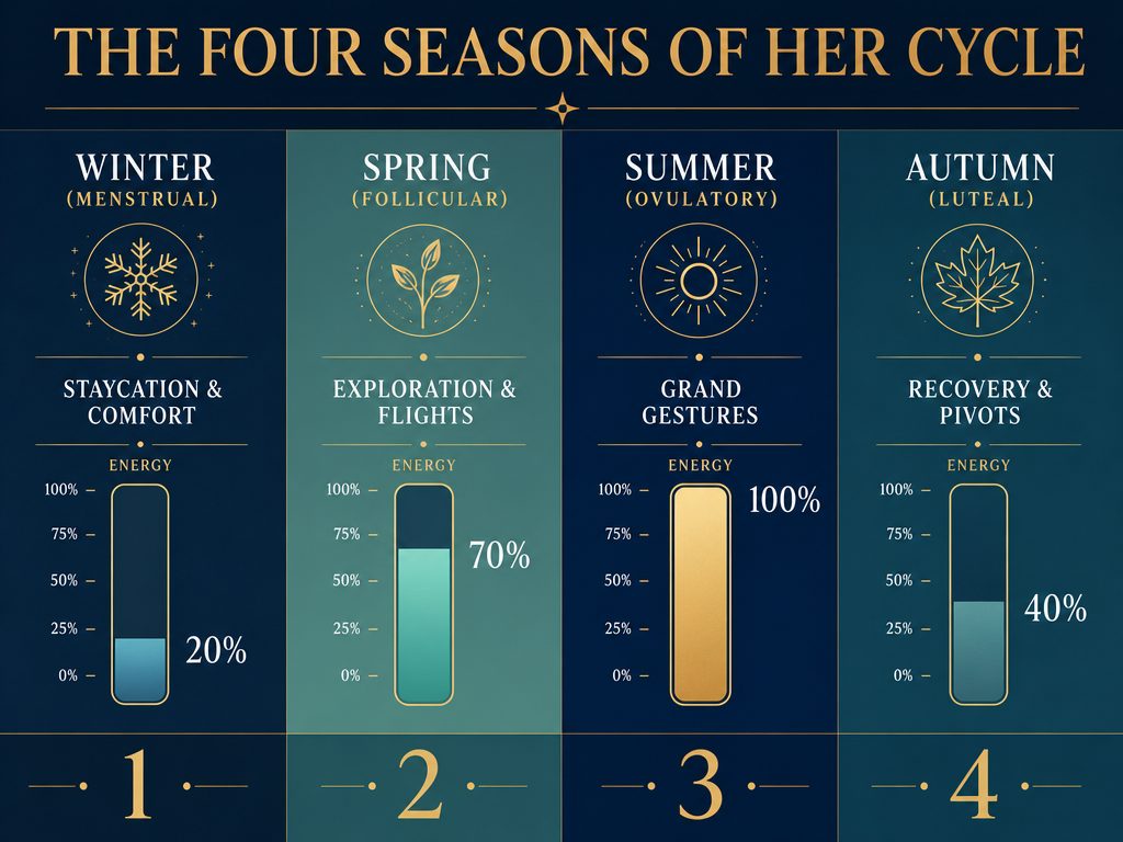 A strategic infographic titled The Four Seasons of Her Cycle mapping energy levels and activity types for romantic getaway planning.