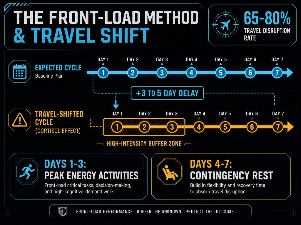 A timeline graphic illustrating how travel stress delays the menstrual cycle and how to front-load high-energy activities in a vacation itinerary.