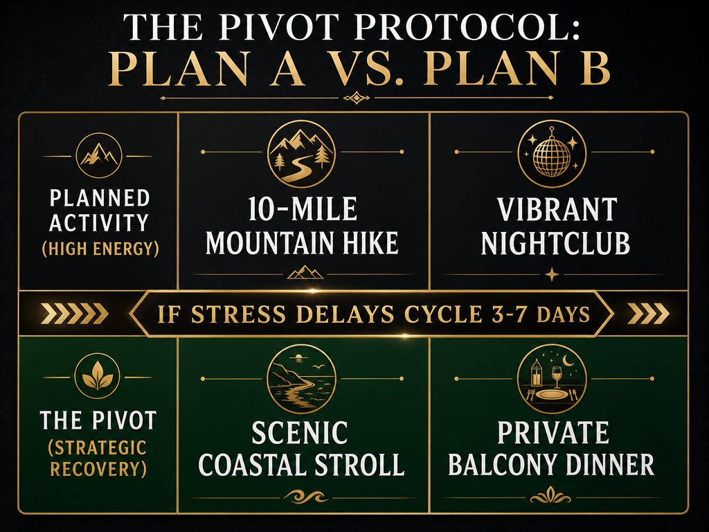 A decision matrix for romantic travel showing how to pivot from high-energy plans to recovery activities based on cycle shifts.