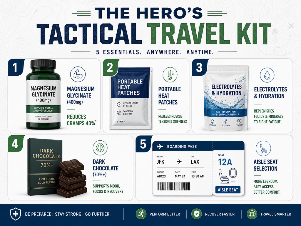 Visual guide of essential items for a partner's travel kit including magnesium, heat patches, and electrolytes to support menstrual health during trips.