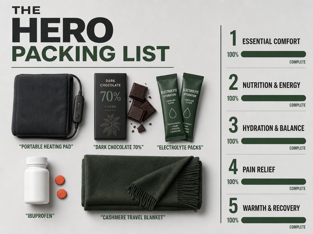 A tactical packing list infographic for men featuring essentials like heating pads and electrolytes to support their partner during travel.