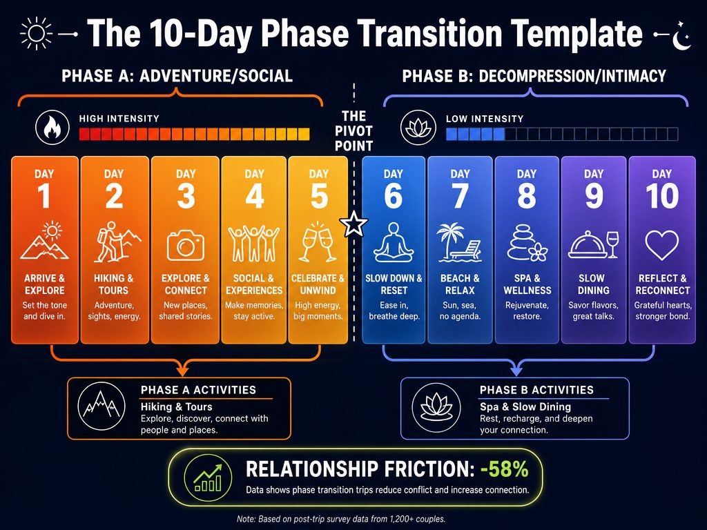 A 10-day vacation itinerary template showing how to transition from high-intensity activities to restorative rest as a partner's cycle phases change.