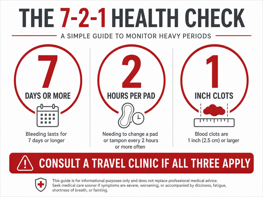 An infographic explaining the 7-2-1 rule for identifying abnormally heavy menstrual bleeding while traveling on a romantic getaway.