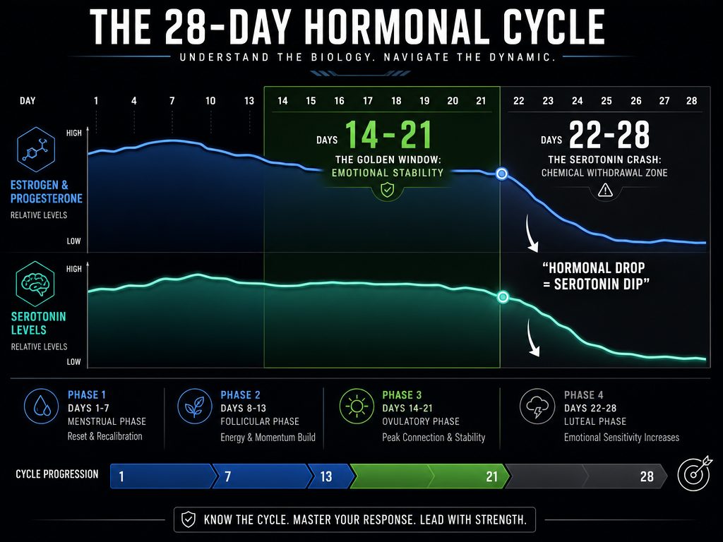 Infographic showing the 28-day cycle and the serotonin crash occurring between days 22 and 28 when estrogen and progesterone levels drop.