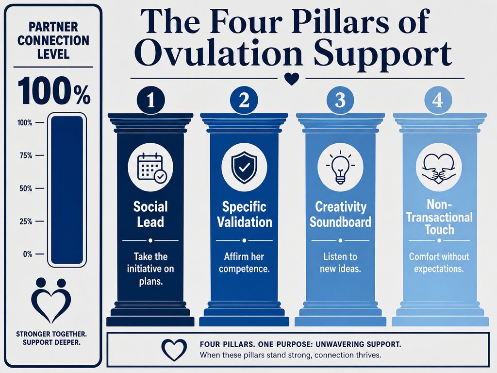 Infographic showing the Four Pillars of Support: Social Lead, Specific Validation, Creativity Soundboard, and Non-Transactional Touch.