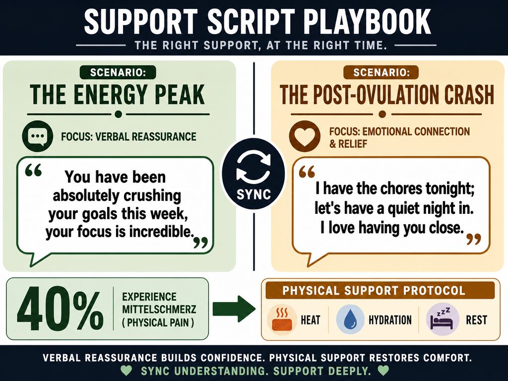 Comparison of reassurance scripts for the ovulation energy peak versus the post-ovulation crash, including physical support tips.
