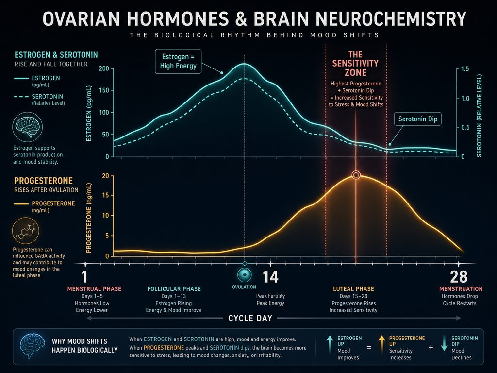 Understanding the 'Chemistry of Conflict': When estrogen drops and progesterone rises, serotonin levels often dip, leading to increased physical and emotional sensitivity.