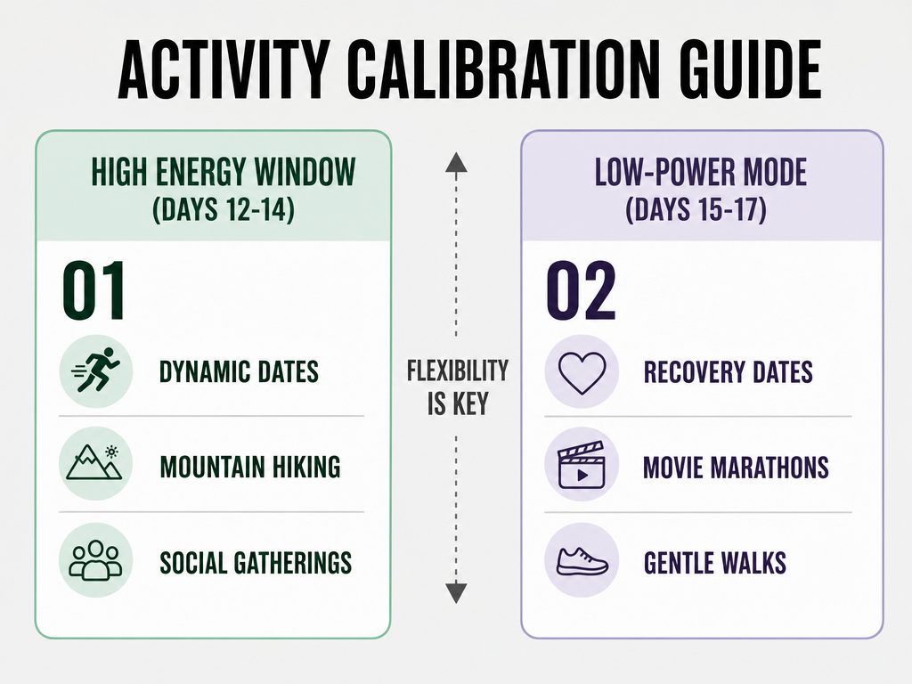 A comparative chart for partners showing activity calibration, contrasting high-energy dates like hiking with low-power recovery modes like movies.
