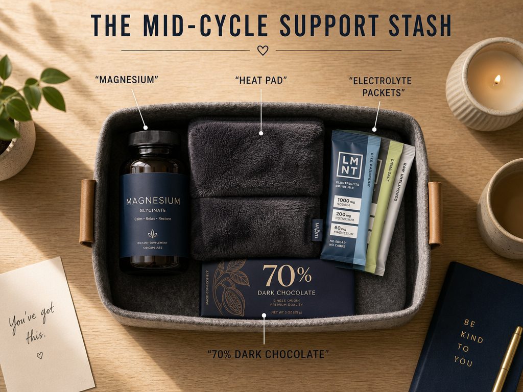 Top-down view of a mid-cycle support stash featuring magnesium, a heating pad, hydration packets, and dark chocolate for ovulation symptom relief.