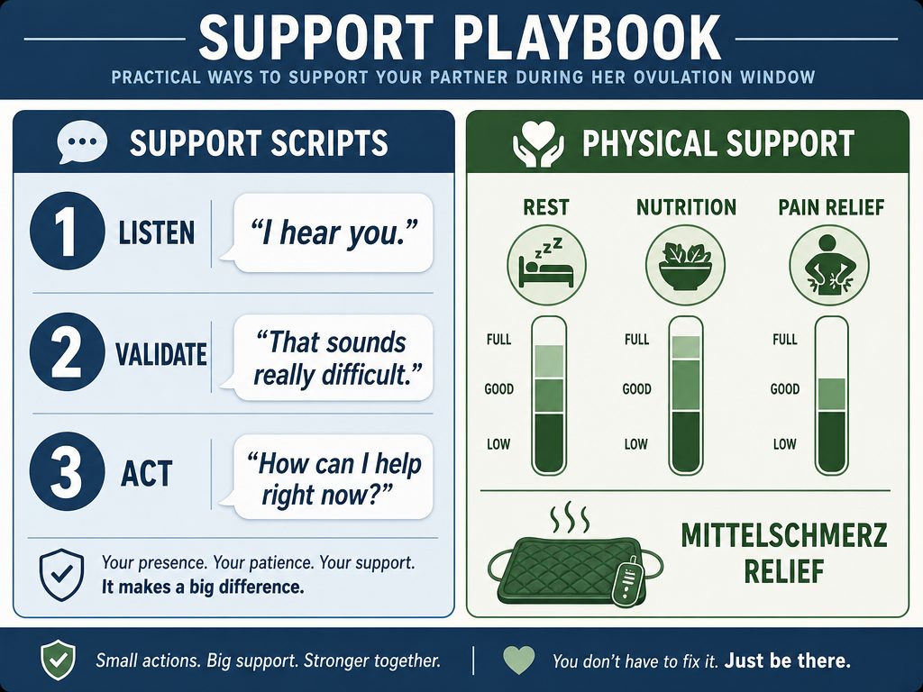 A support playbook for men featuring verbal scripts and physical actions like pain relief to help a partner during her ovulation cycle.