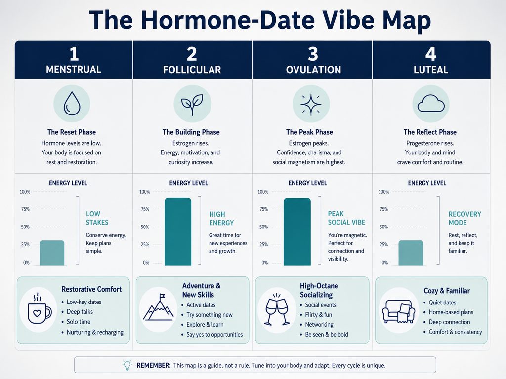 A hormone-date matrix mapping the four menstrual phases to energy levels and suggested date types for proactive partner planning and support.