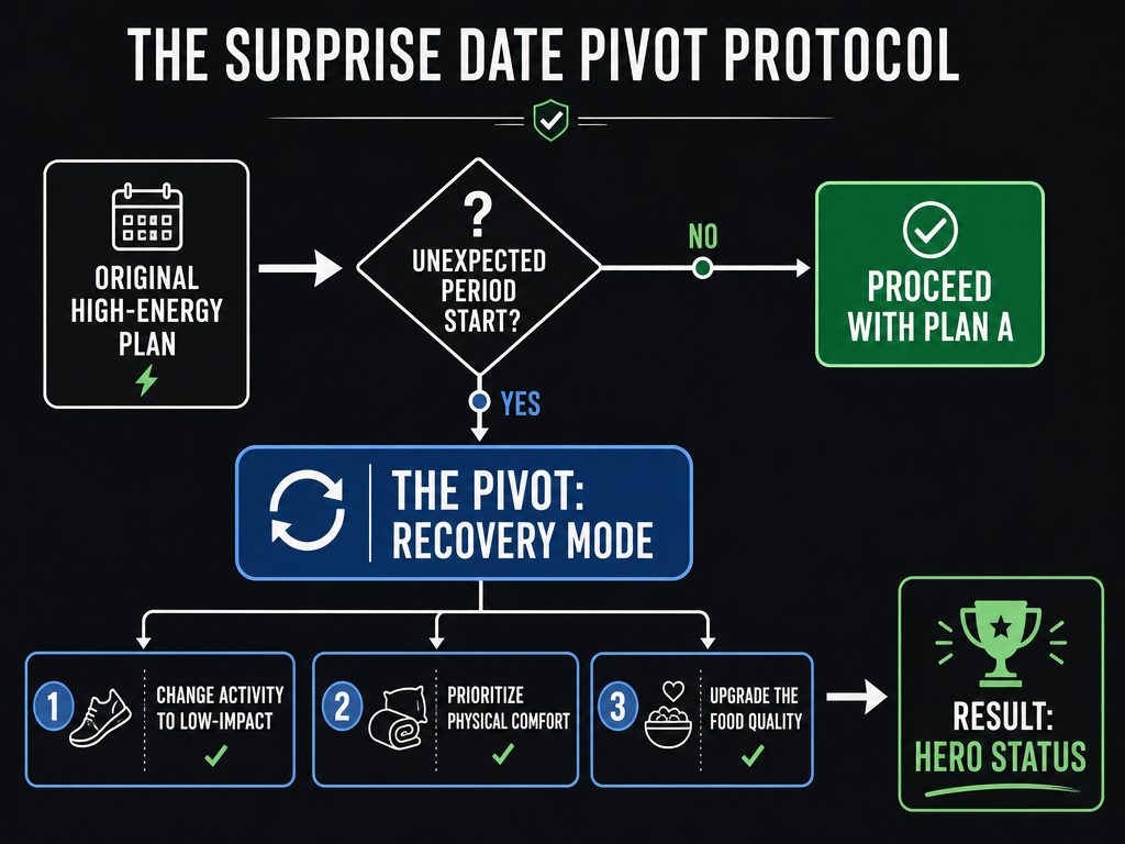 A decision tree diagram showing how to pivot a high-energy surprise date to a recovery-focused plan if a partner's period starts unexpectedly.