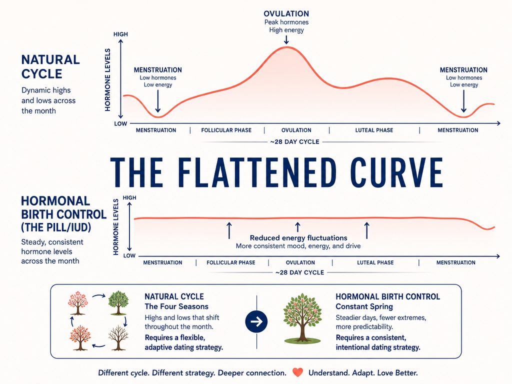 Comparison chart showing how hormonal birth control flattens the natural hormonal peaks and valleys compared to a natural menstrual cycle.