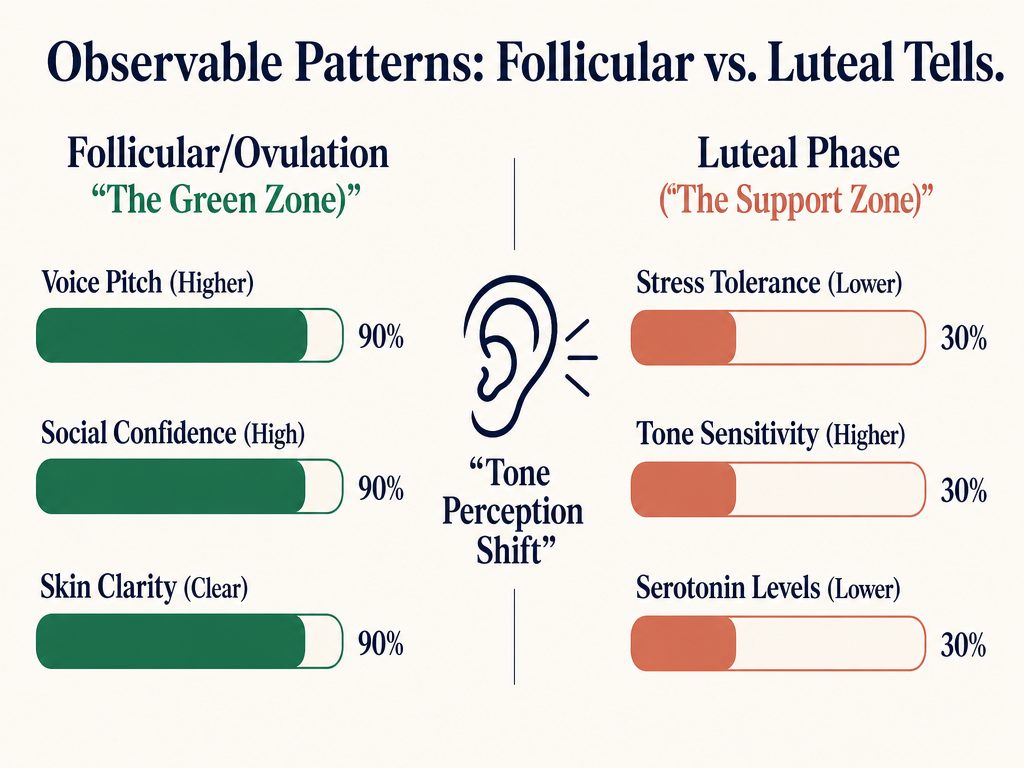 Comparison chart of follicular versus luteal phase tells including voice pitch, social confidence, stress tolerance, and tone sensitivity levels.