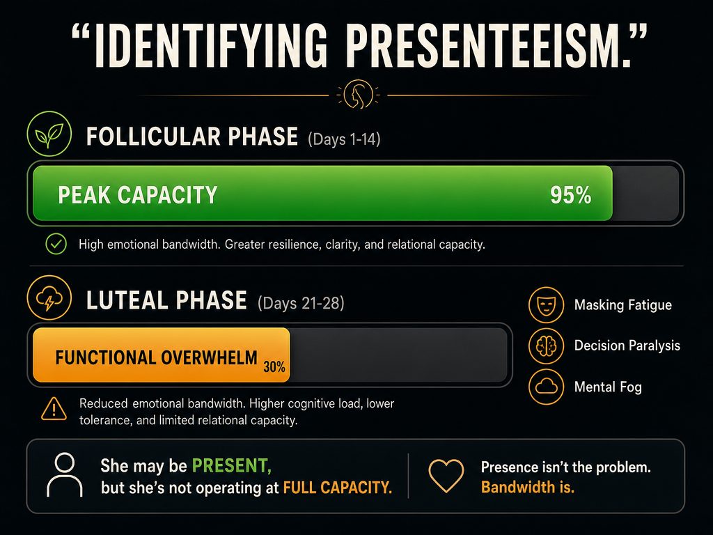 A comparison chart showing 95% vs 30% energy bandwidth to explain how hormonal overwhelm leads to functional presenteeism and masking.