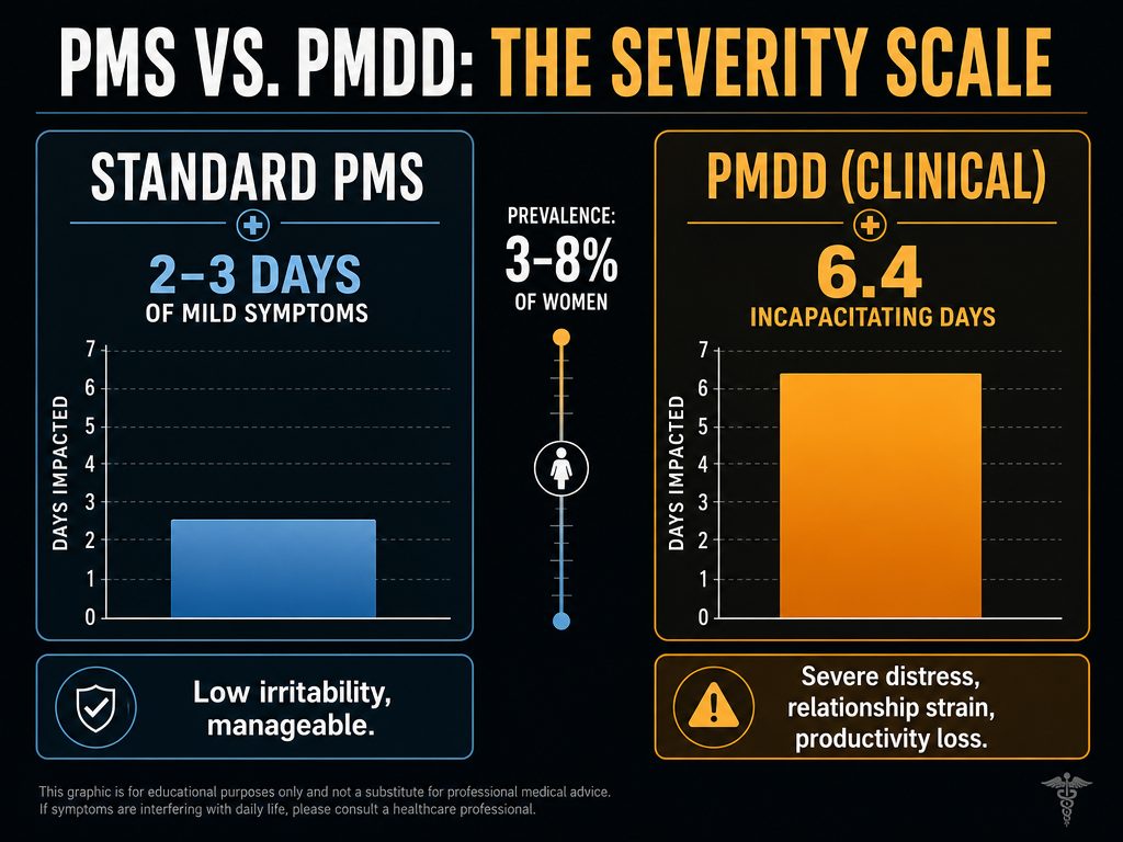 A comparison chart illustrating the difference between standard PMS and PMDD, highlighting the 6.4 incapacitating days seen in clinical cases.