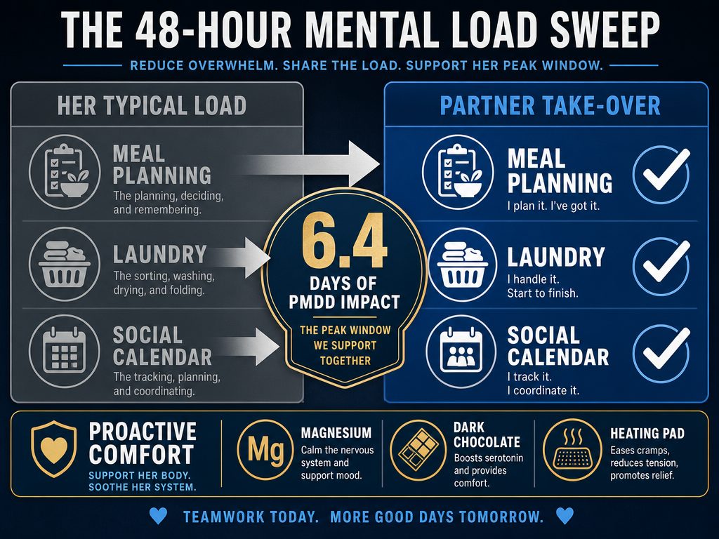 An infographic showing a partner taking over household mental load tasks like meals and laundry to support a girlfriend during her luteal phase.