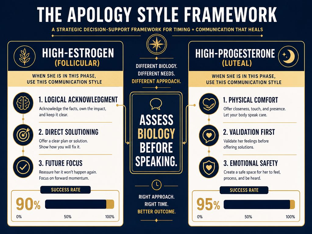 Comparison framework for choosing between logical and emotional apology styles based on a girlfriend's hormonal state and emotional processing needs.