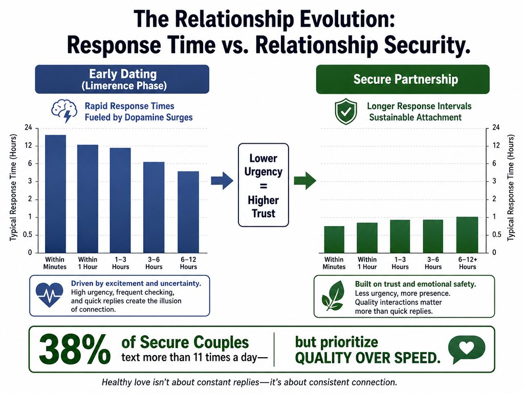 Comparison bar chart illustrating how text response times naturally slow down as a relationship moves from early dating into secure attachment.