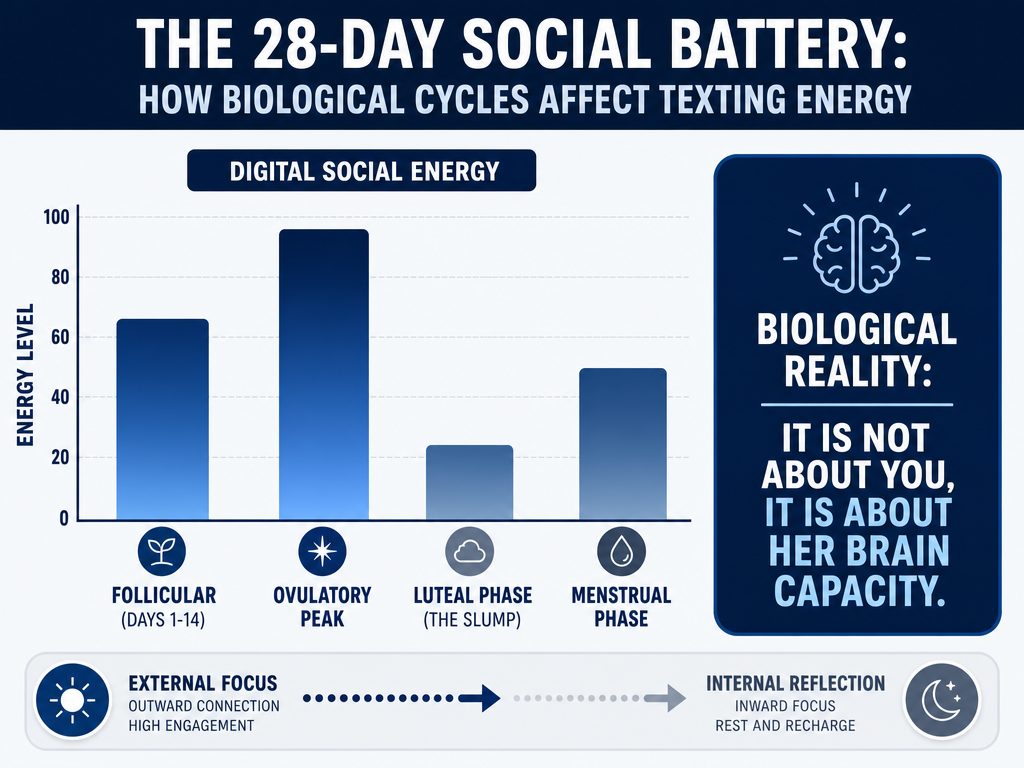 Infographic showing how menstrual cycle phases like the Luteal phase impact social battery and text response times in long-term relationships.